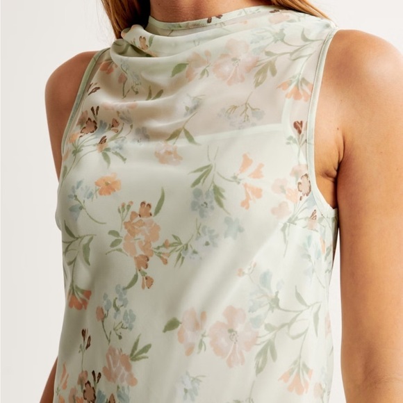 NEW Abercrombie Fitch Sz L High Neck Chiffon Mini Dress In Light Green Floral - Picture 4 of 11